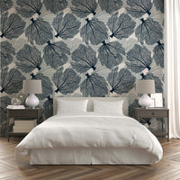 Nautical-inspired navy and white fan coral wallpaper.

