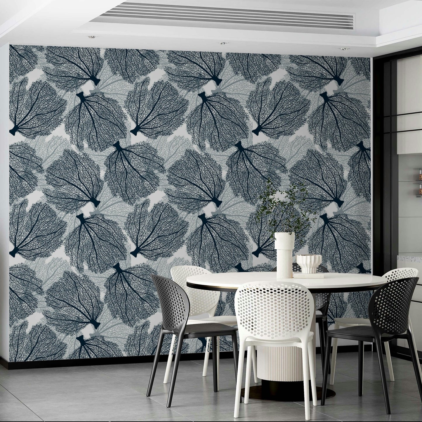 Navy and white fan coral wall mural for coastal decor.

