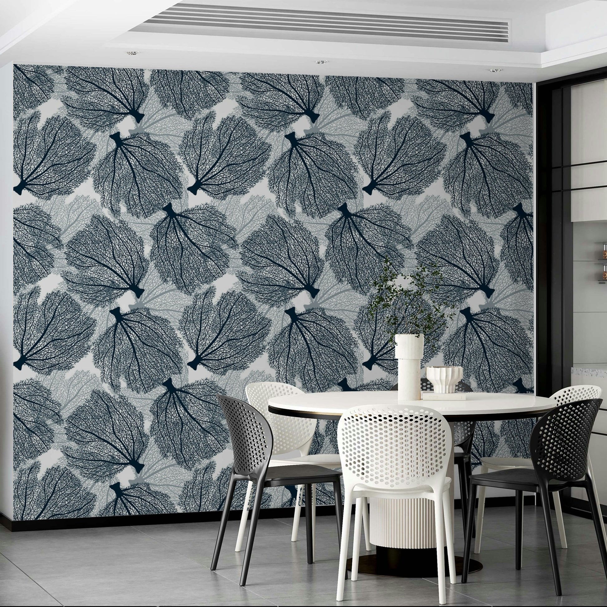 Navy and white fan coral wall mural for coastal decor.

