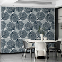 Navy and white fan coral wall mural for coastal decor.

