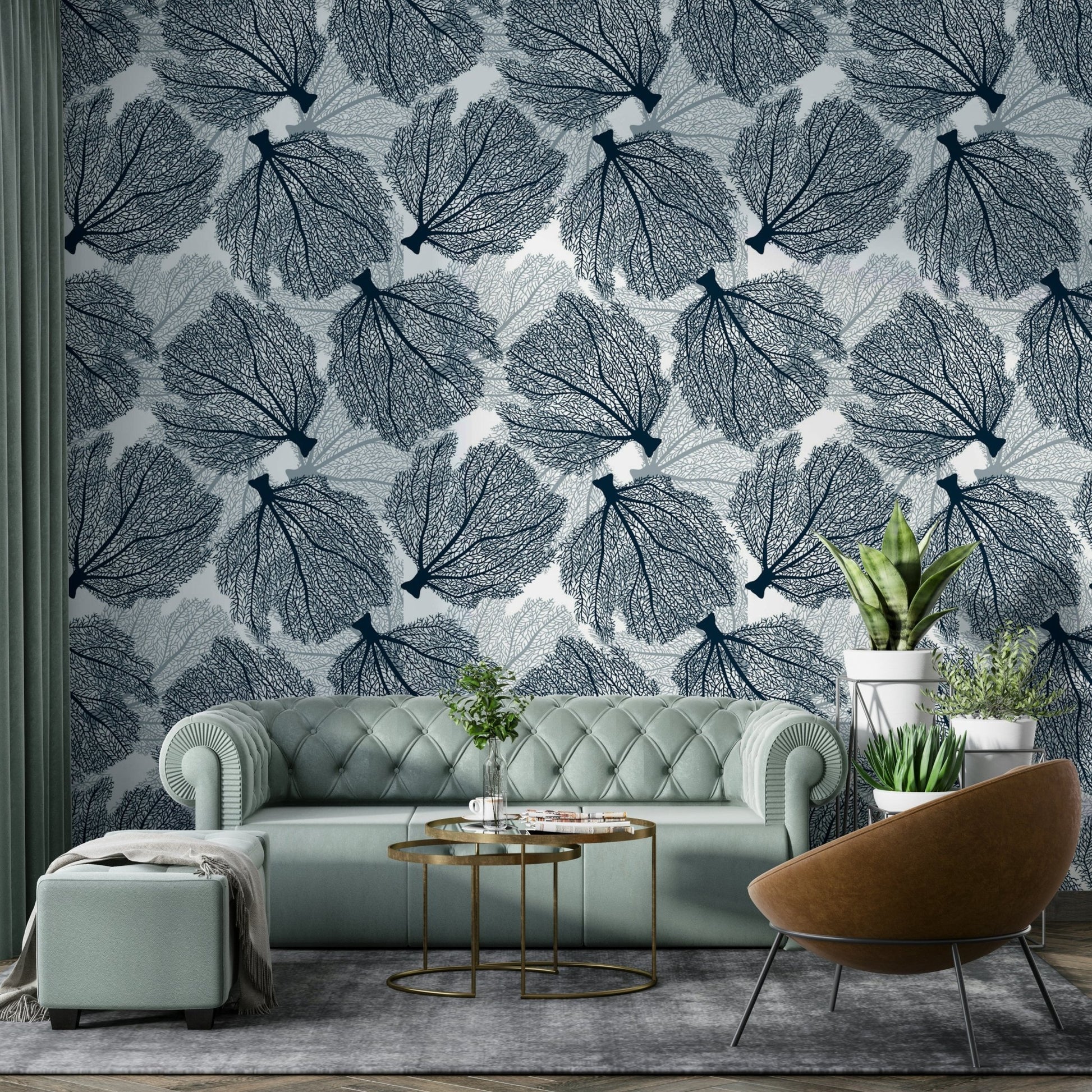 Modern fan coral pattern in navy and white for walls.

