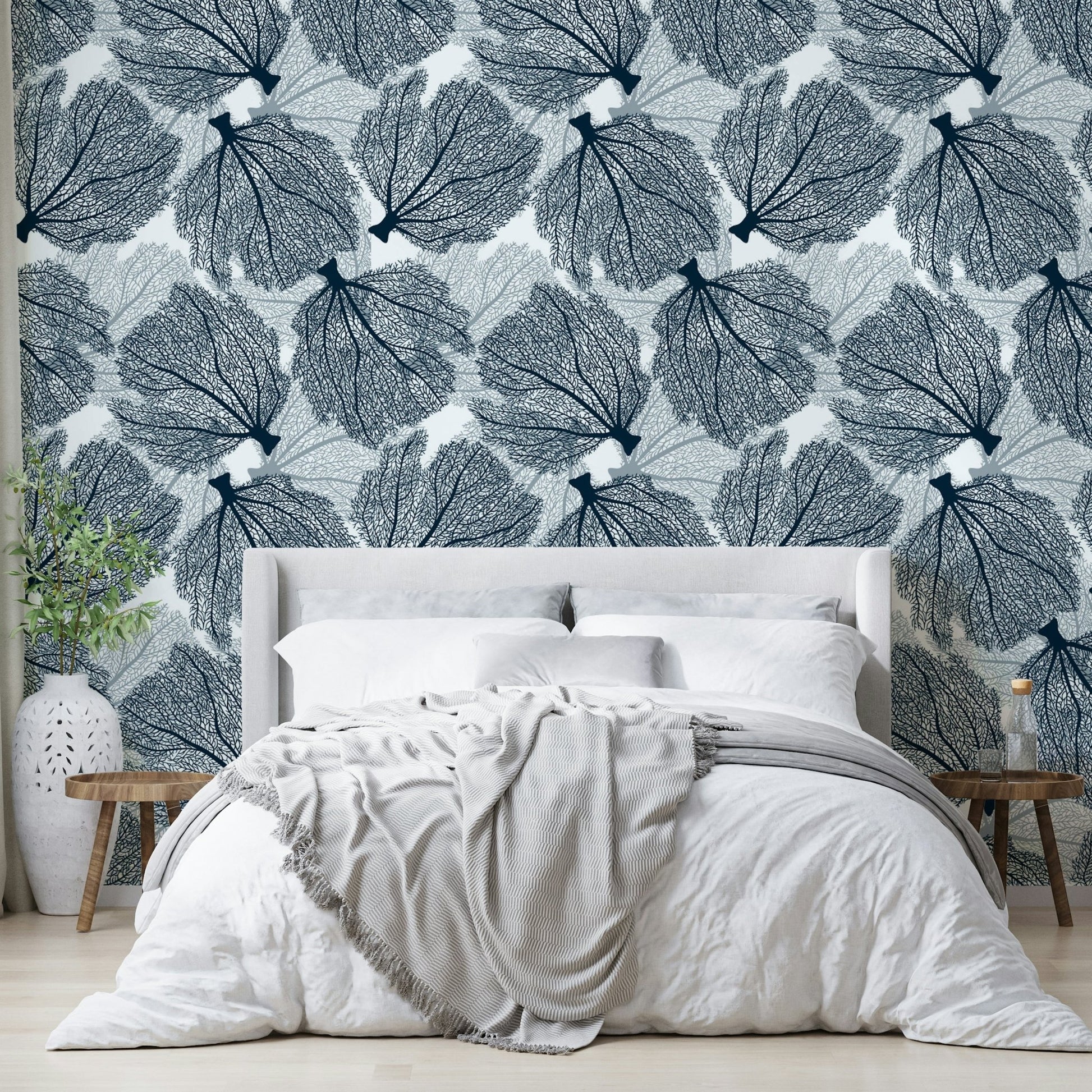 Navy and white fan coral wallpaper for beach-themed rooms.

