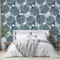 Navy and white fan coral wallpaper for beach-themed rooms.

