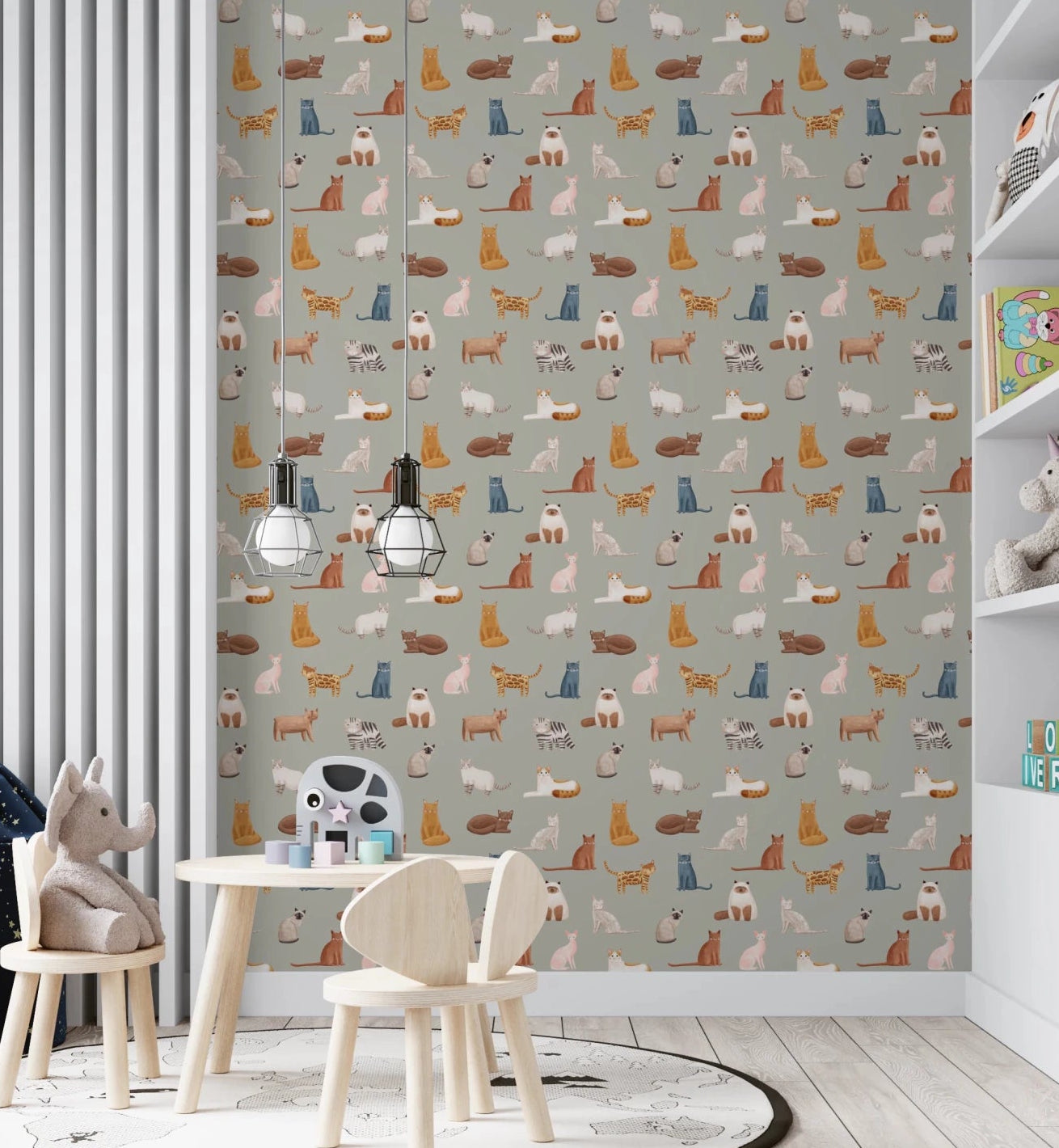 Kids room with Fancy Felines Wallpaper on safari green wall