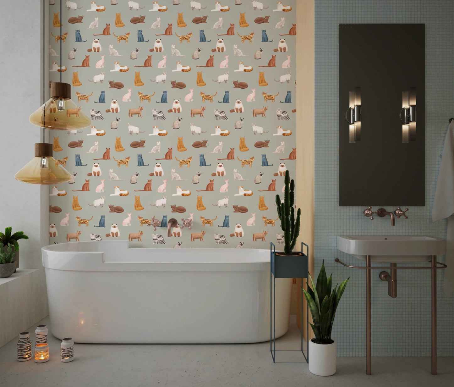 Fancy Felines in Safari Green Wallpaper⁠