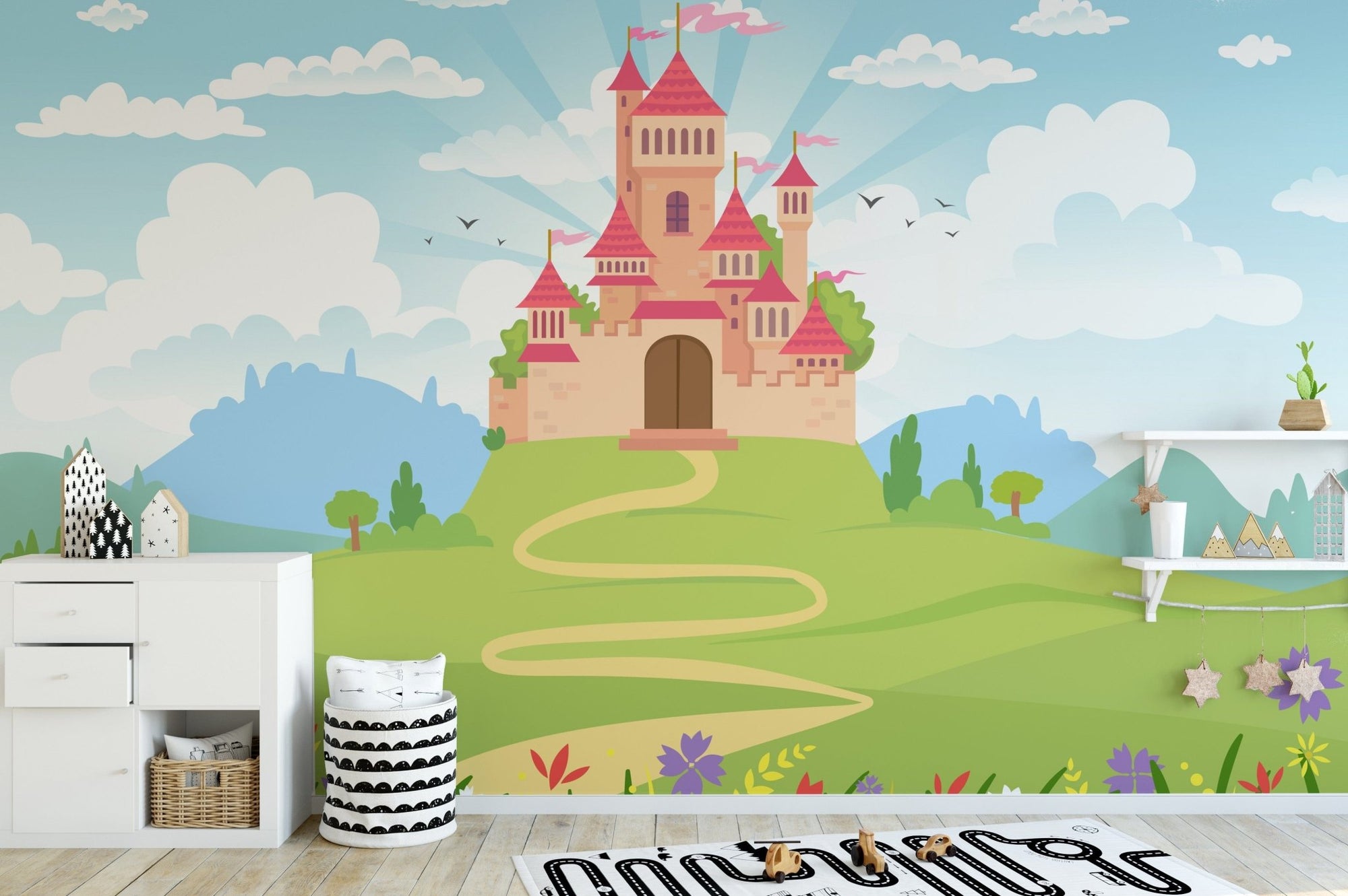 Fantasy castle wallpaper with bright floral scenery. A778