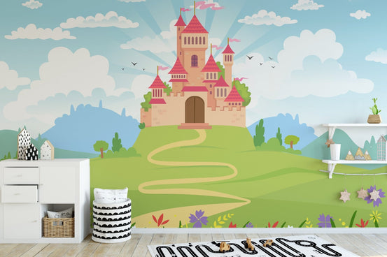 Fantasy castle wallpaper with bright floral scenery. A778