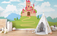 Fairytale castle wallpaper with colorful meadow blooms.