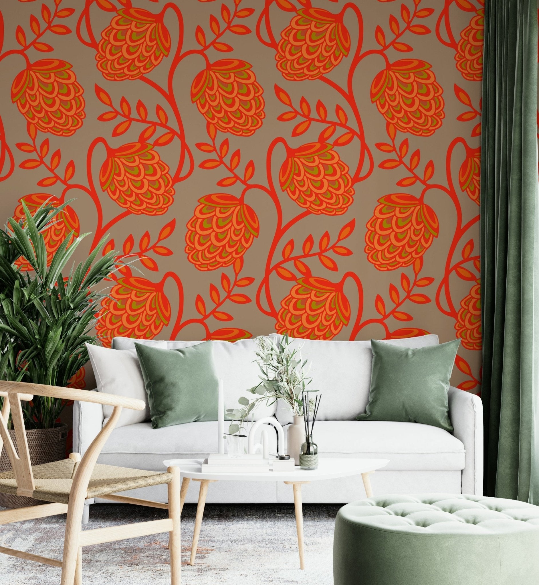 Fantasia wallpaper in soft coral and orange
