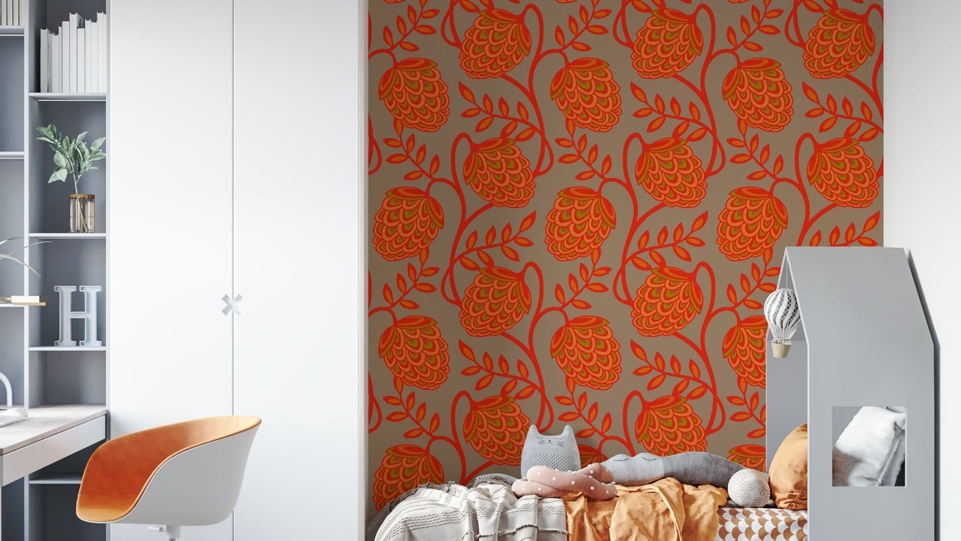 Coral orange floral wallpaper with beige tones
