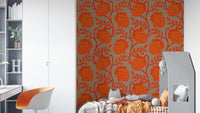 Coral orange floral wallpaper with beige tones
