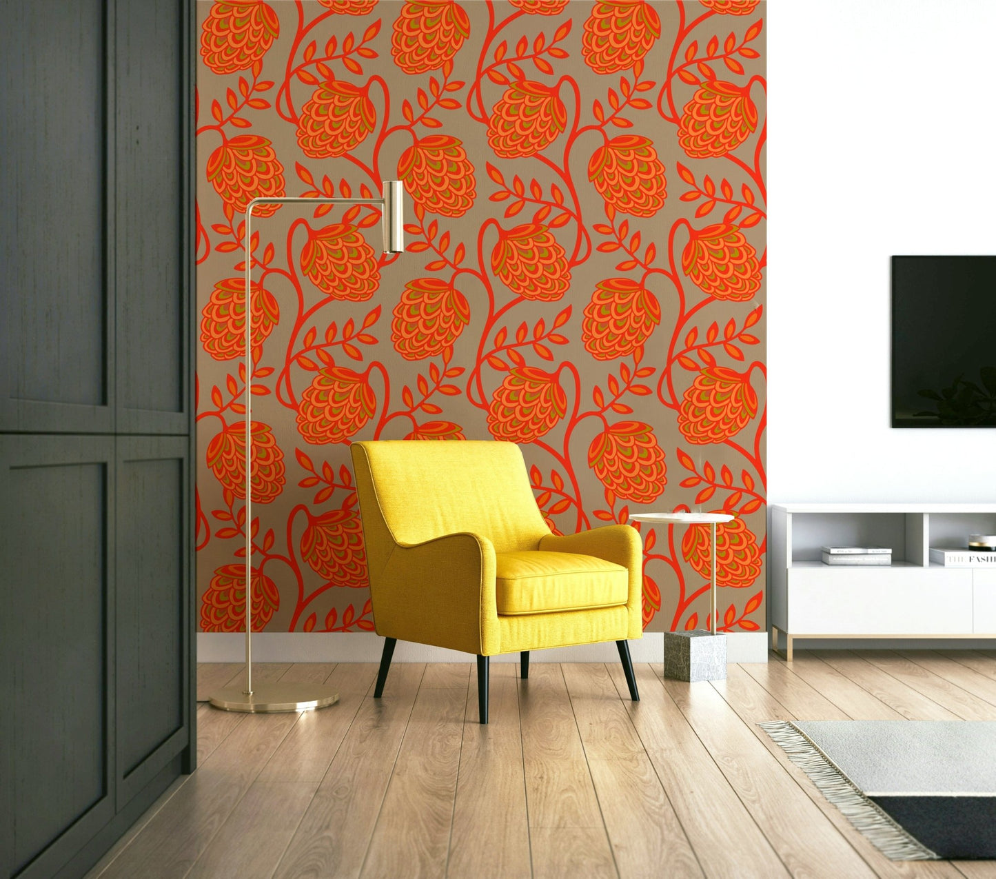 Accent wall with coral botanical wallpaper
