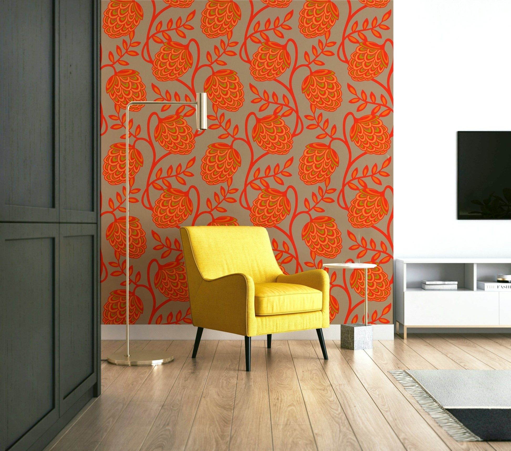 Accent wall with coral botanical wallpaper
