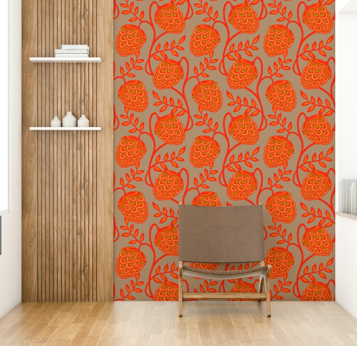 Botanical wall mural in warm earthy colors
