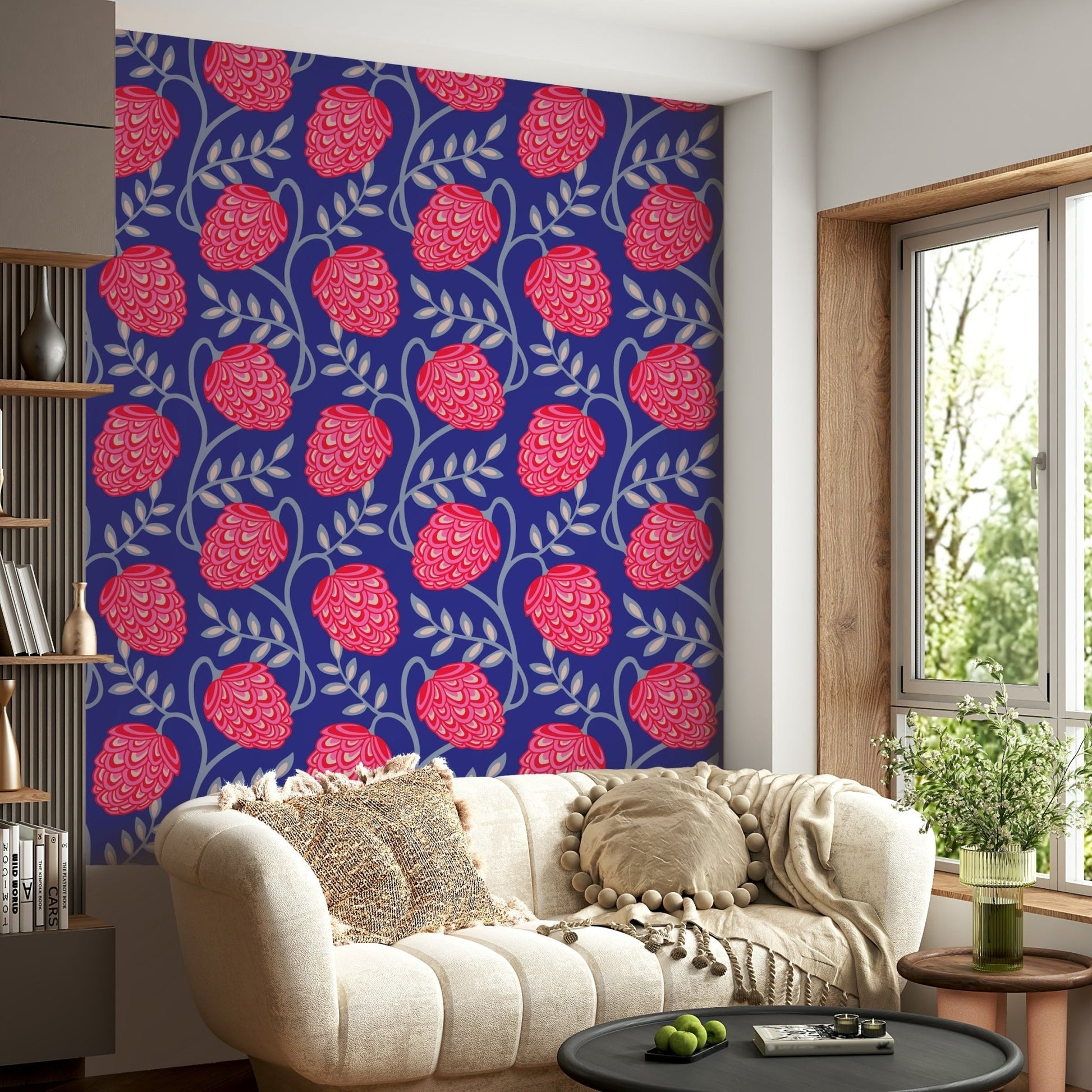 Modern botanical wallpaper in bright hues
