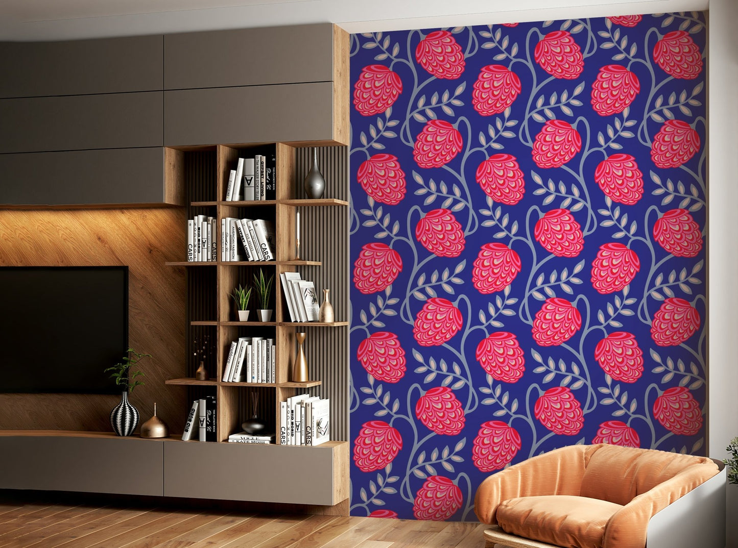 Royal blue floral pattern wall mural
