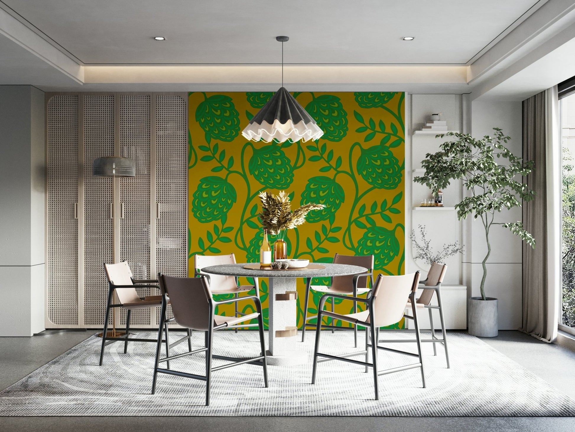 Bold botanical illustrations on wallpaper.

