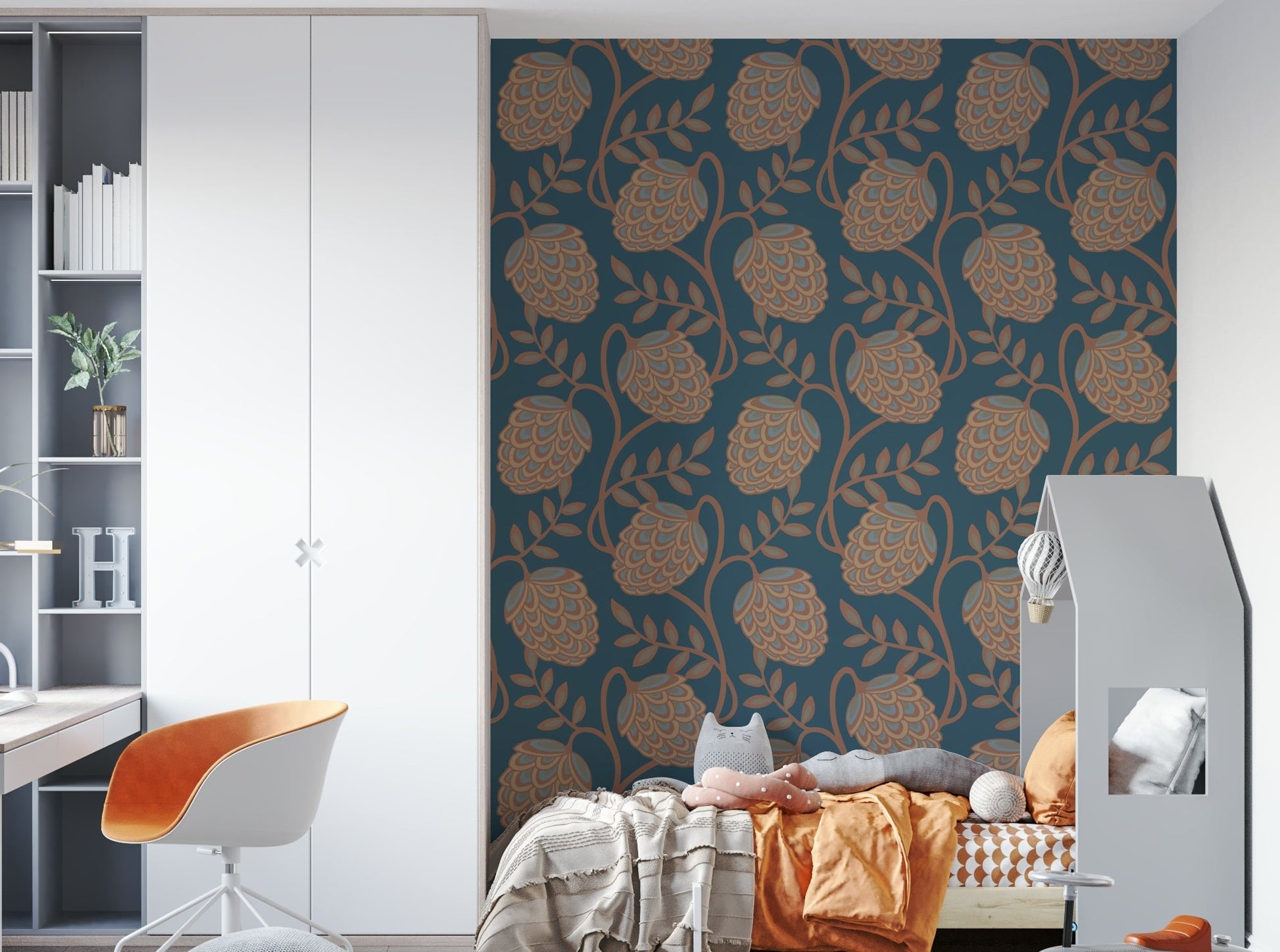 Botanical illustrations on wallpaper.

