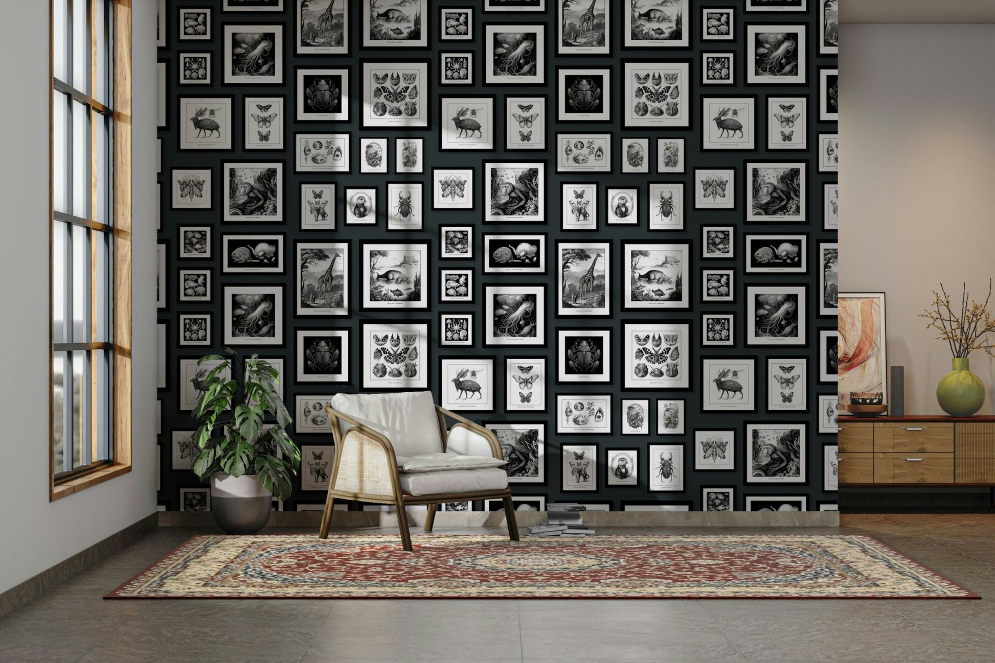 Fantastic creatures wallpaper in deep grey hues.

