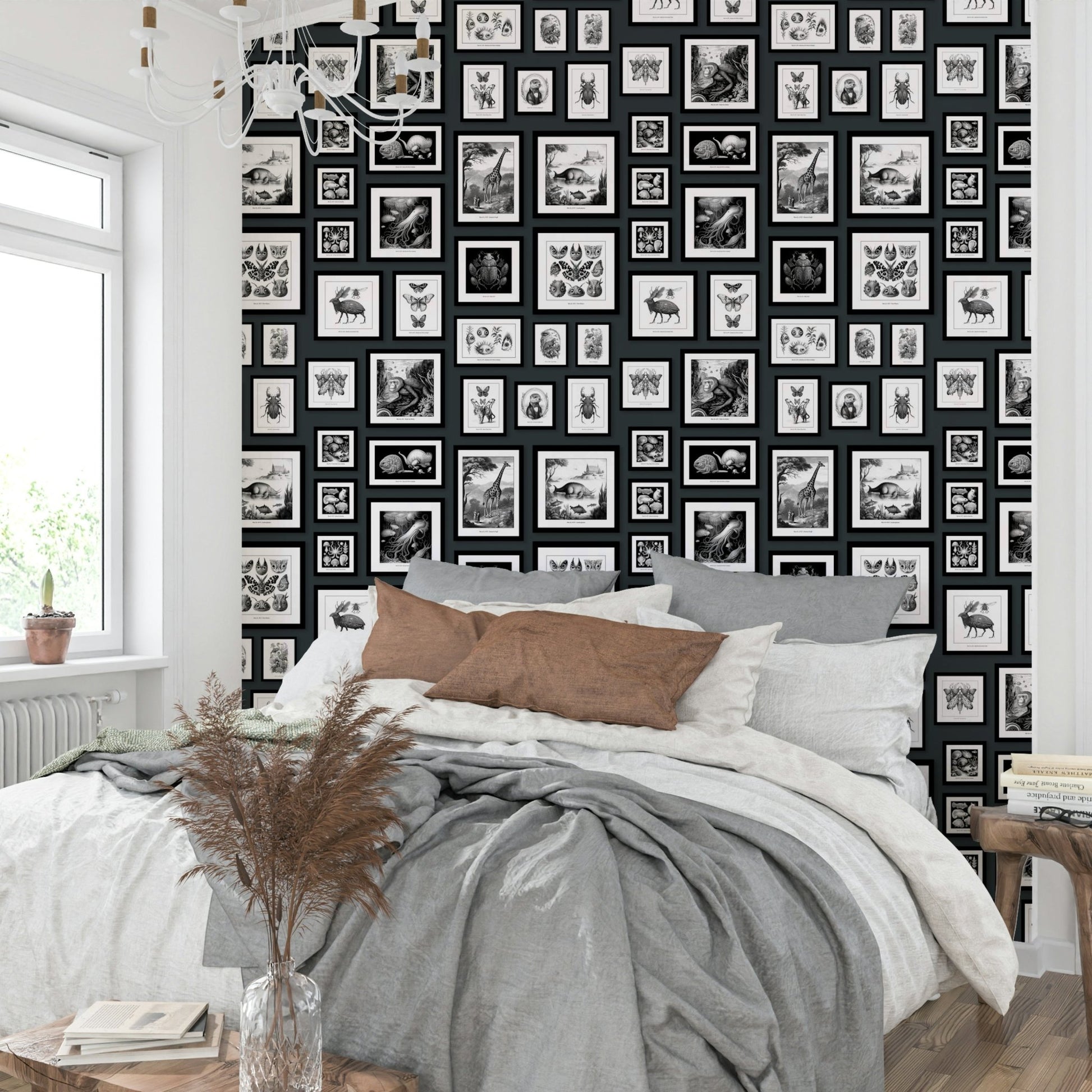 Charcoal wallpaper with quirky illustrated animals.

