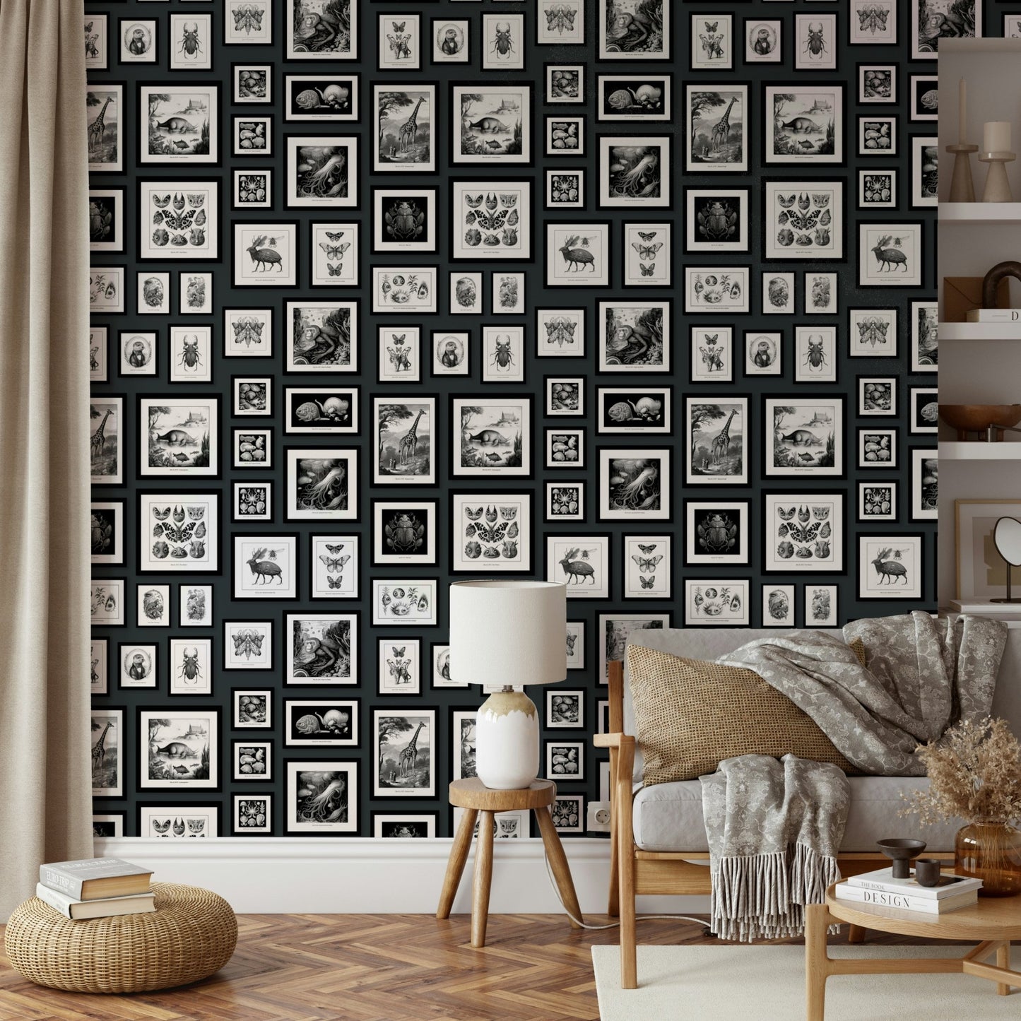 Bold wallpaper featuring fantastical beasts in greyscale.

