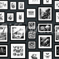Stylish anthracite wallpaper with surreal illustrations.

