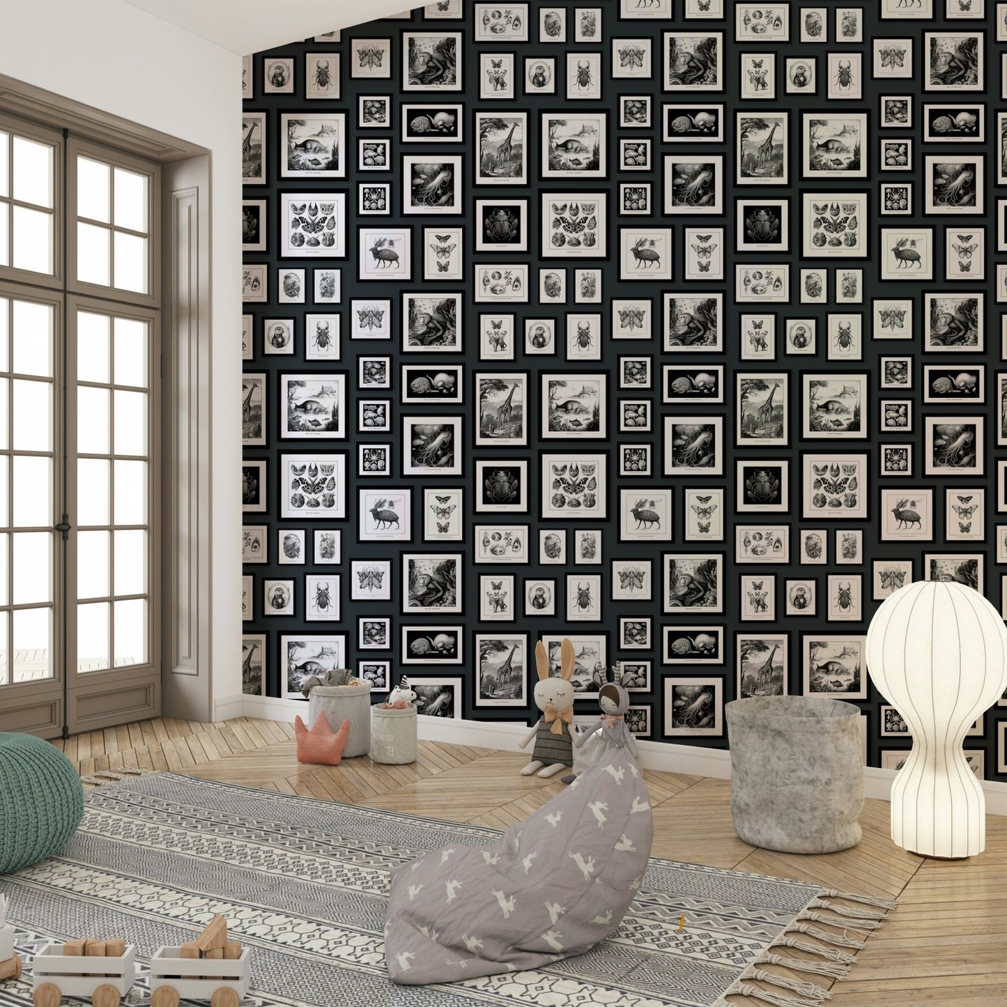 Dark anthracite wallpaper with whimsical creatures.

