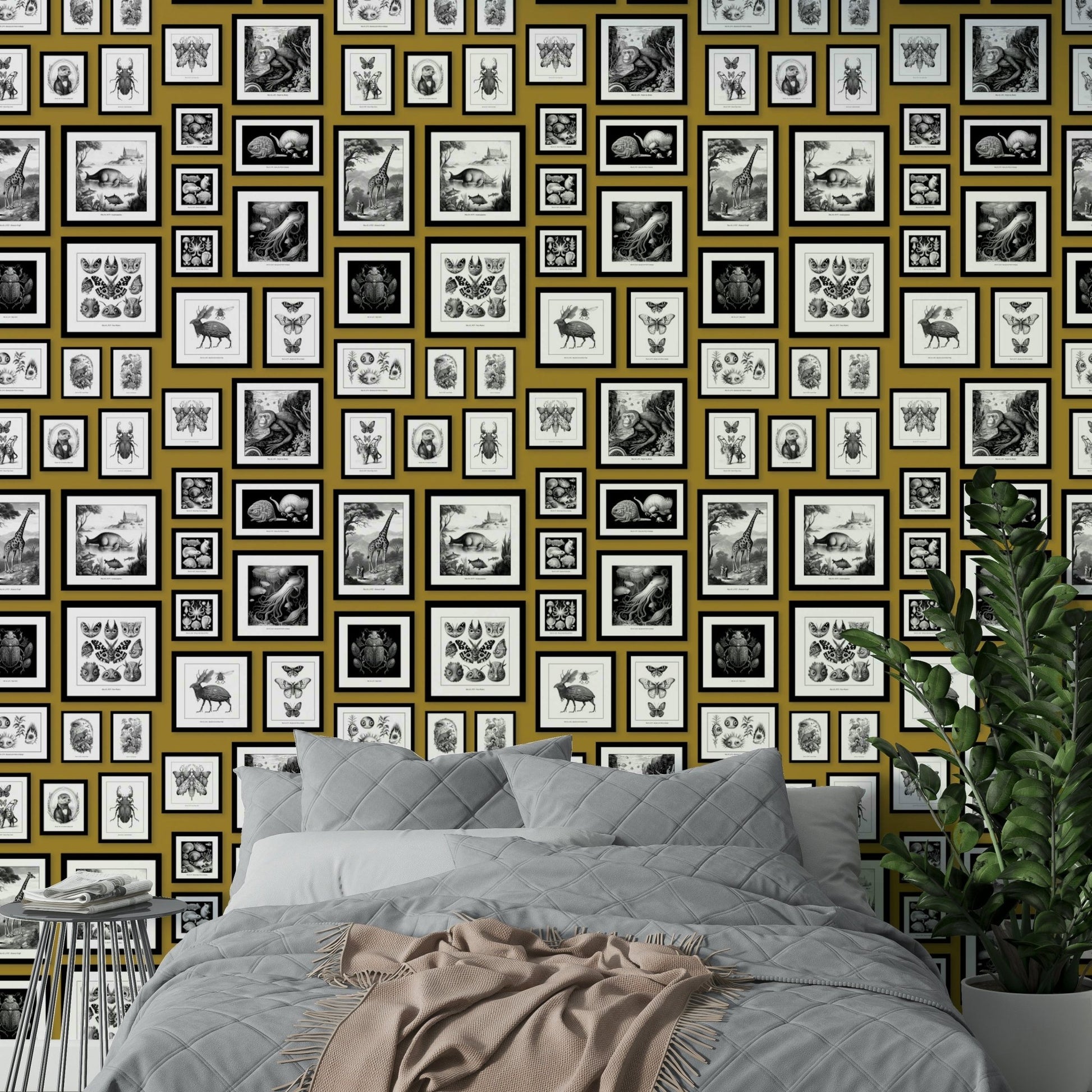 Mustard wallpaper with playful, surreal creatures.

