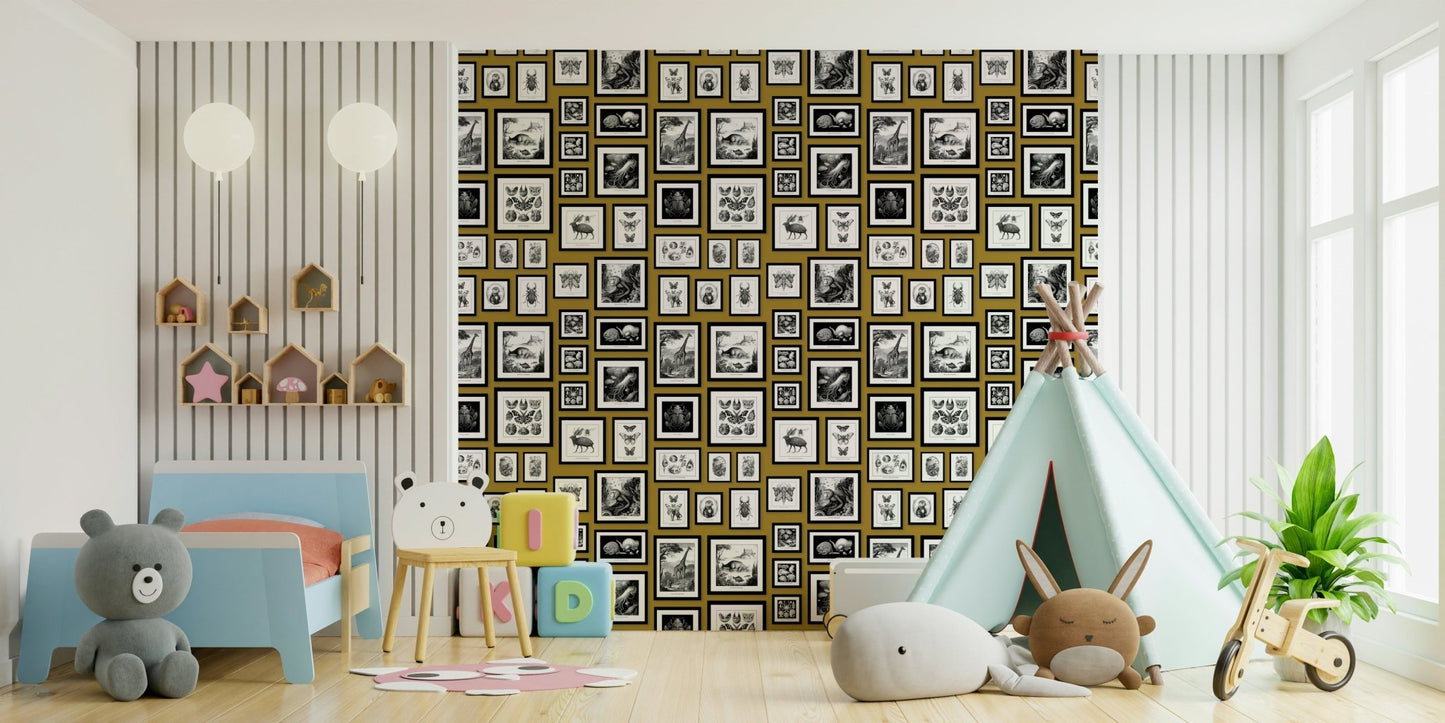 Bold mustard wallpaper with imaginative characters.

