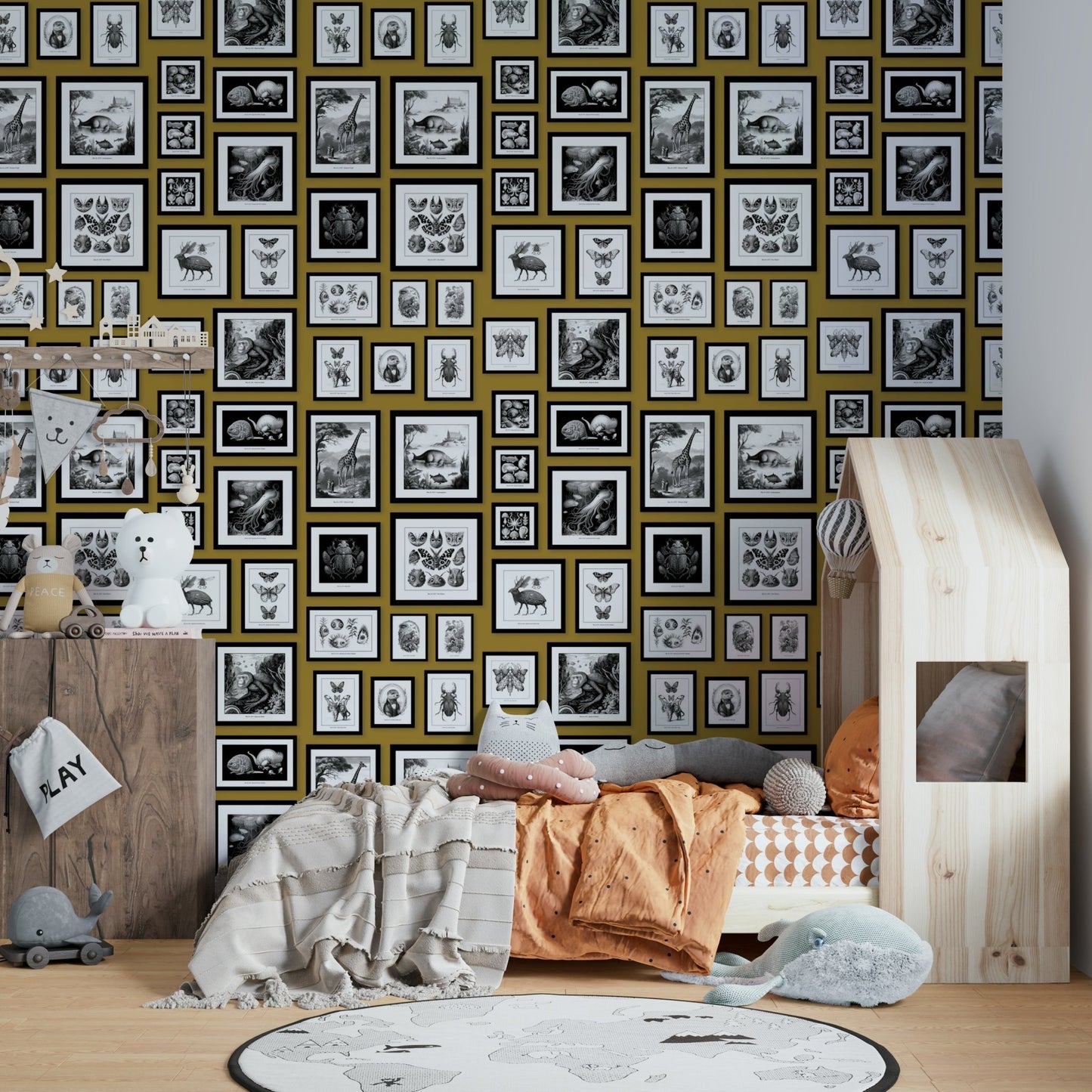 Mustard yellow wallpaper with whimsical creatures.


