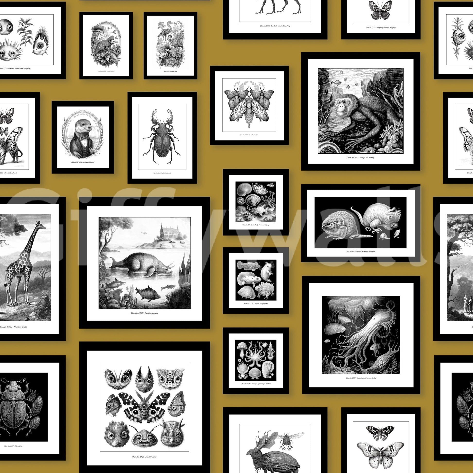 Whimsical creature print on a bold mustard canvas.

