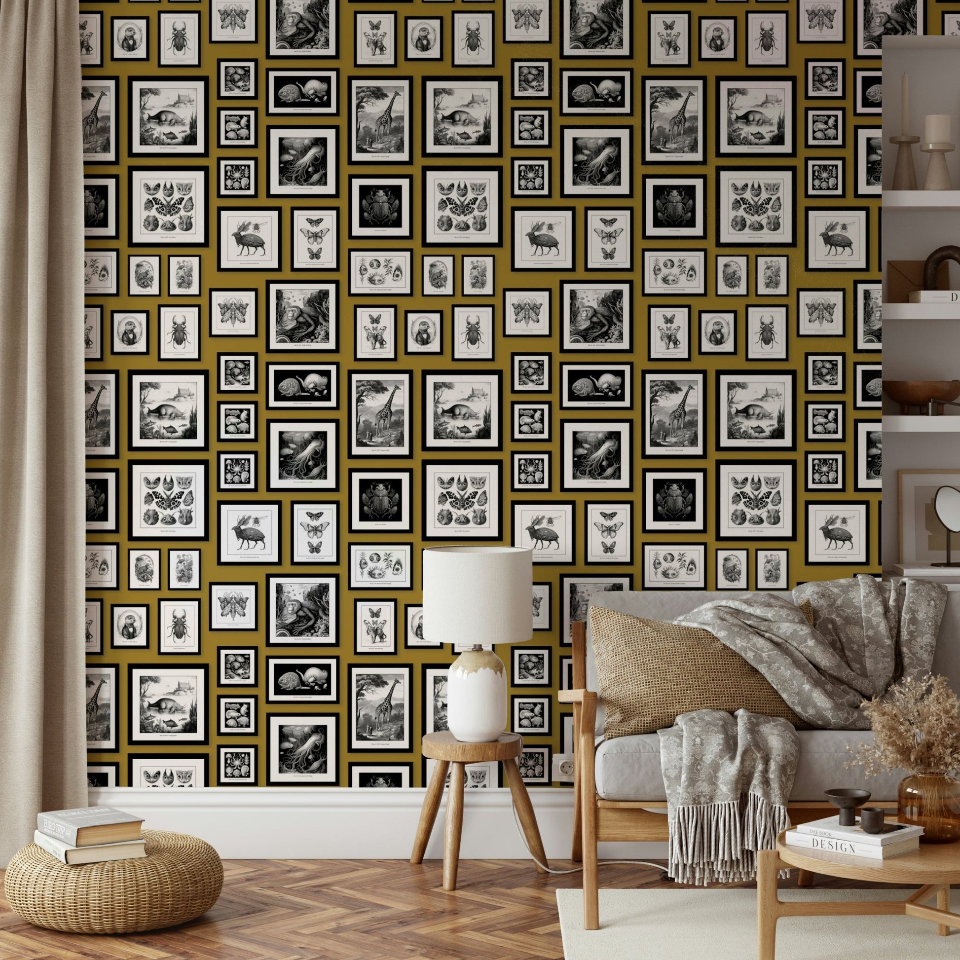 Quirky creature pattern wallpaper in mustard tones.

