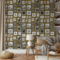 Quirky creature pattern wallpaper in mustard tones.


