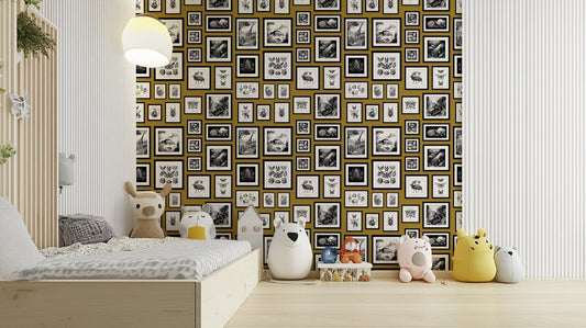 Illustrated fantasy animals on mustard background.

