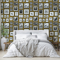 Stylish wallpaper with fantastic beings in mustard shade.

