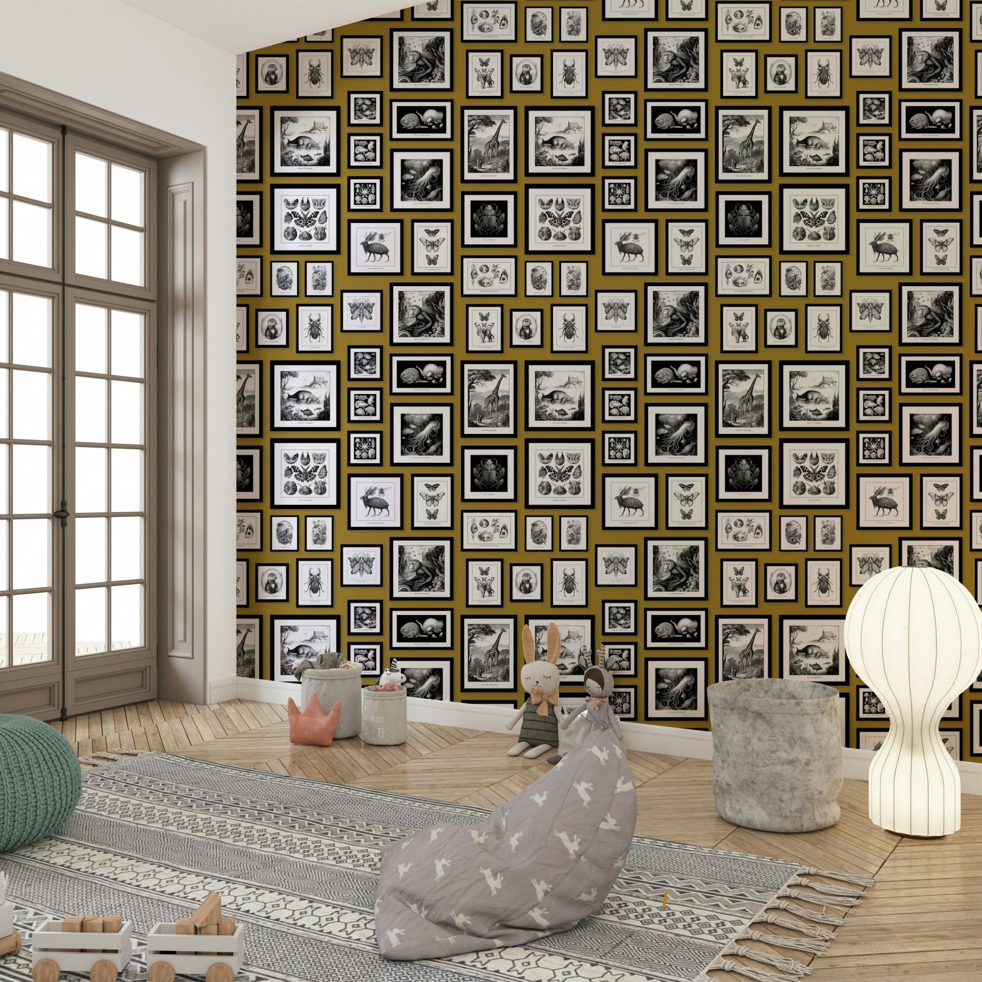 Artistic mustard wallpaper featuring mythical beings.

