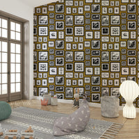 Artistic mustard wallpaper featuring mythical beings.

