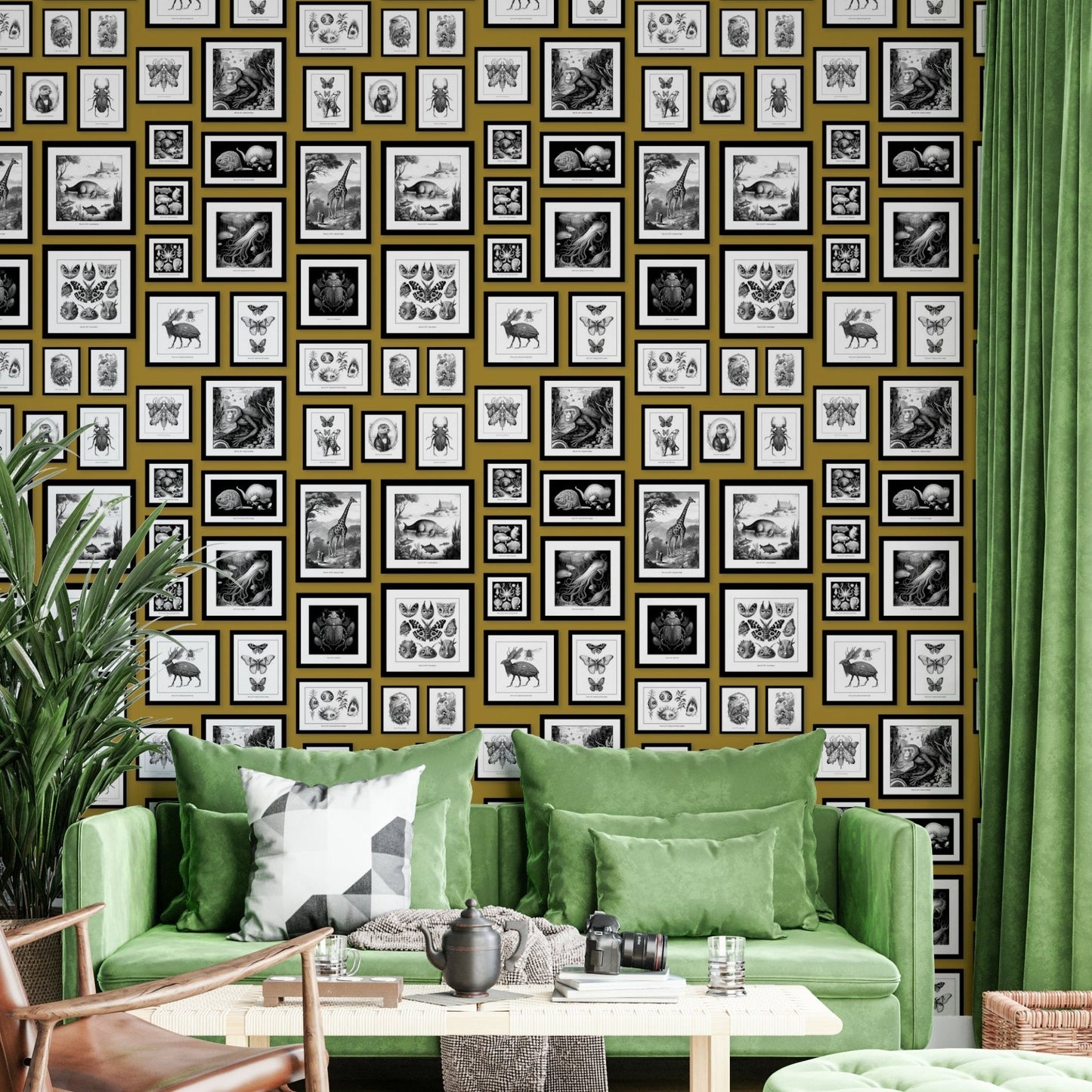 Hand-drawn fantasy creatures on golden yellow backdrop.

