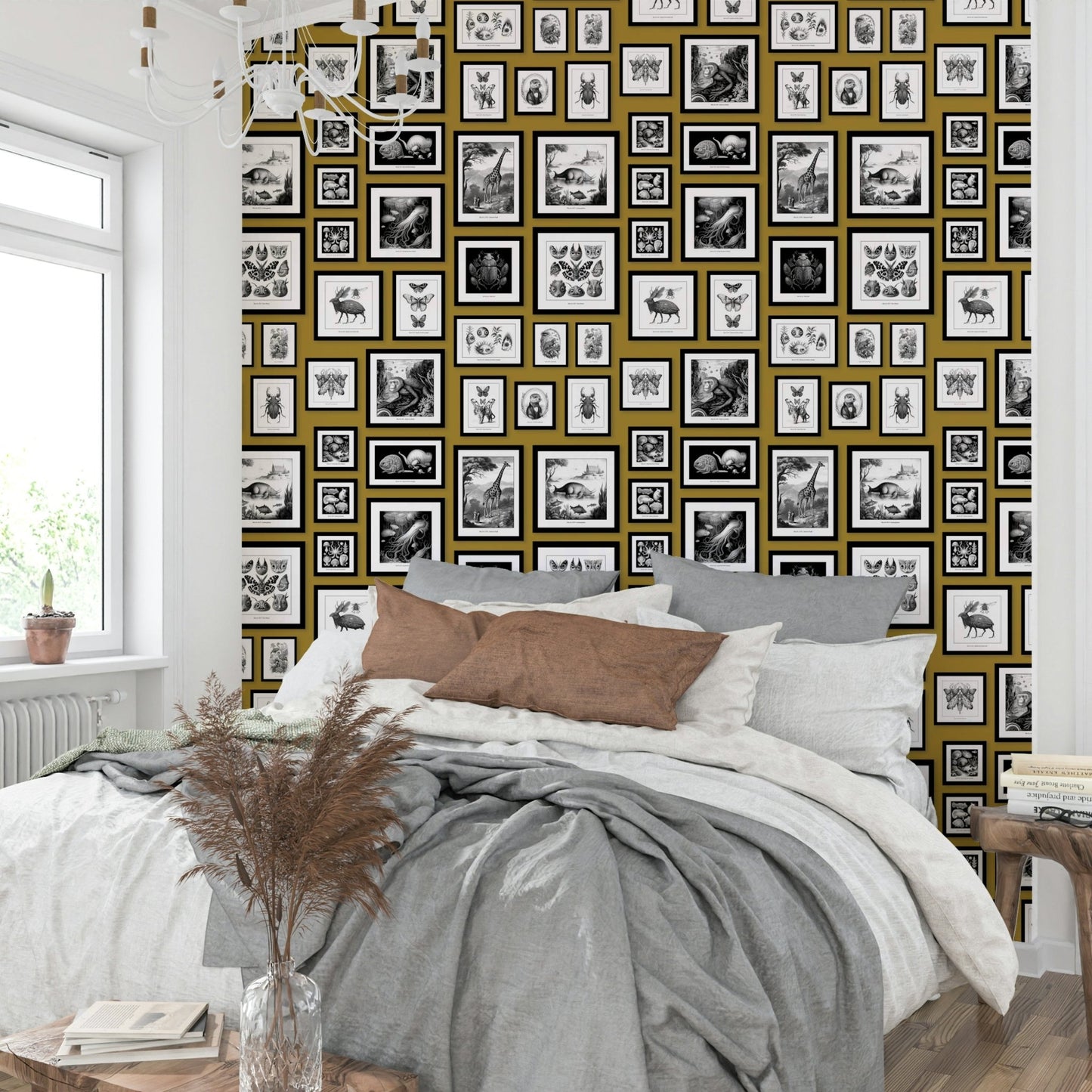 Child-friendly fantasy wallpaper in mustard yellow.

