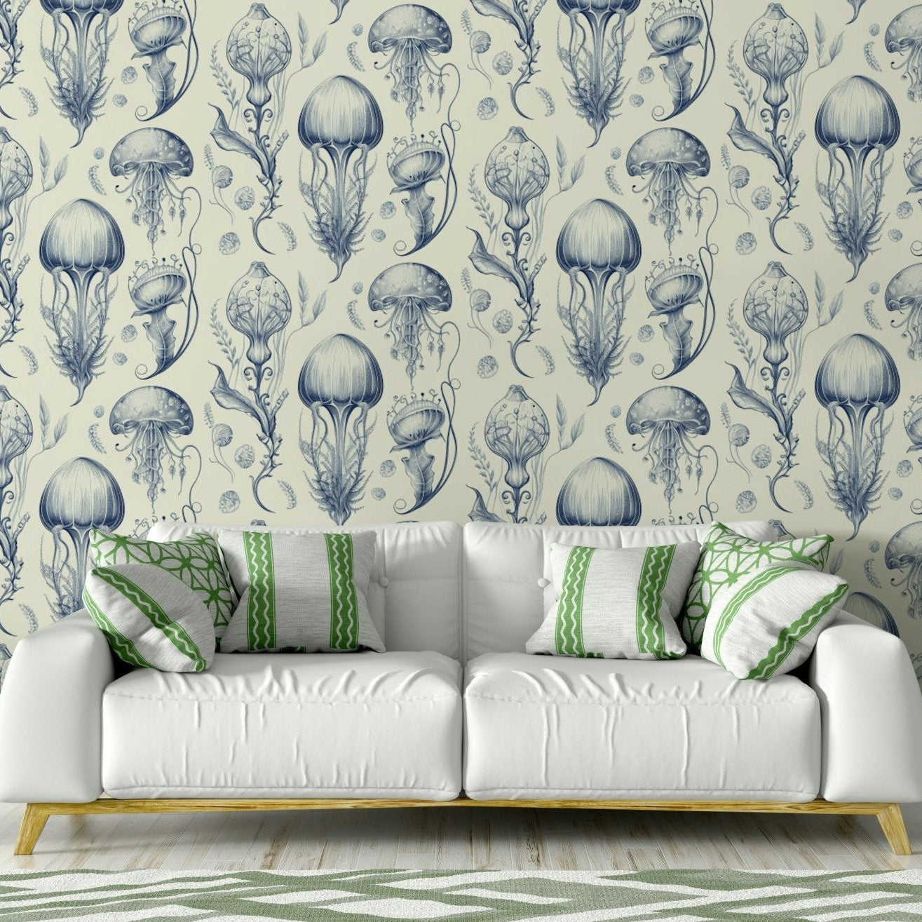 Aquatic Delft Blue & Cream jellyfish wallpaper for modern spaces, GD2268