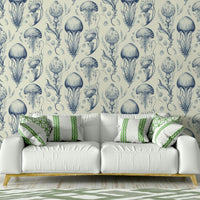 Aquatic Delft Blue & Cream jellyfish wallpaper for modern spaces, GD2268