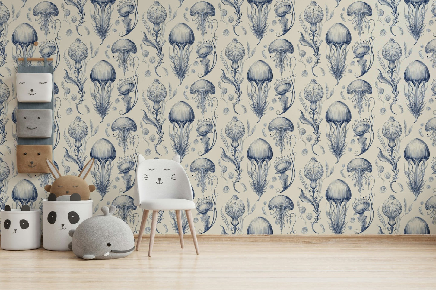 Peaceful sea-inspired Delft Blue & Cream jellyfish wallpaper, GD2268