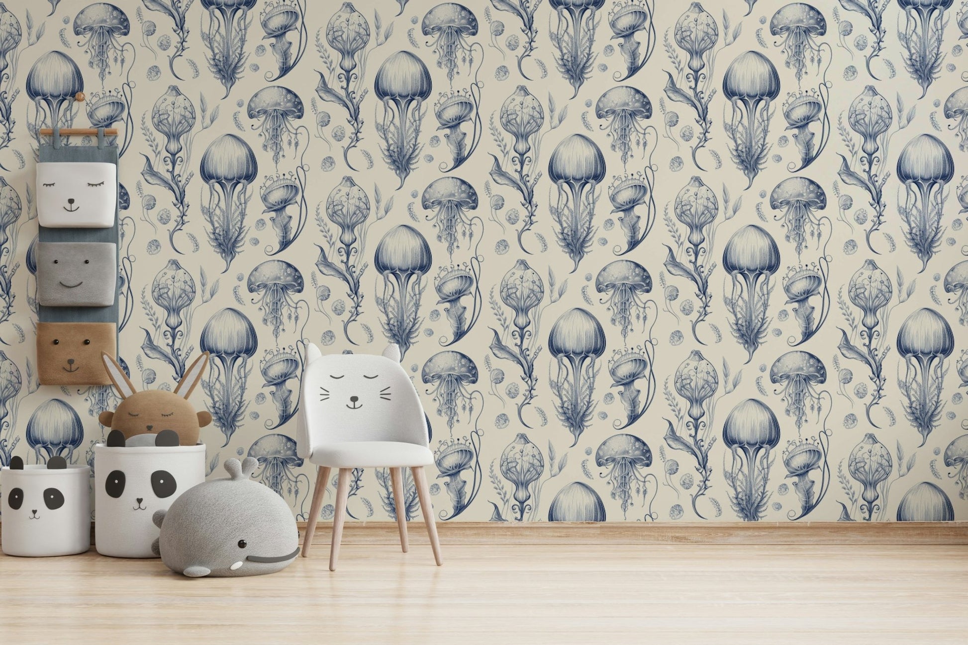 Peaceful sea-inspired Delft Blue & Cream jellyfish wallpaper, GD2268