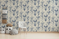 Peaceful sea-inspired Delft Blue & Cream jellyfish wallpaper, GD2268