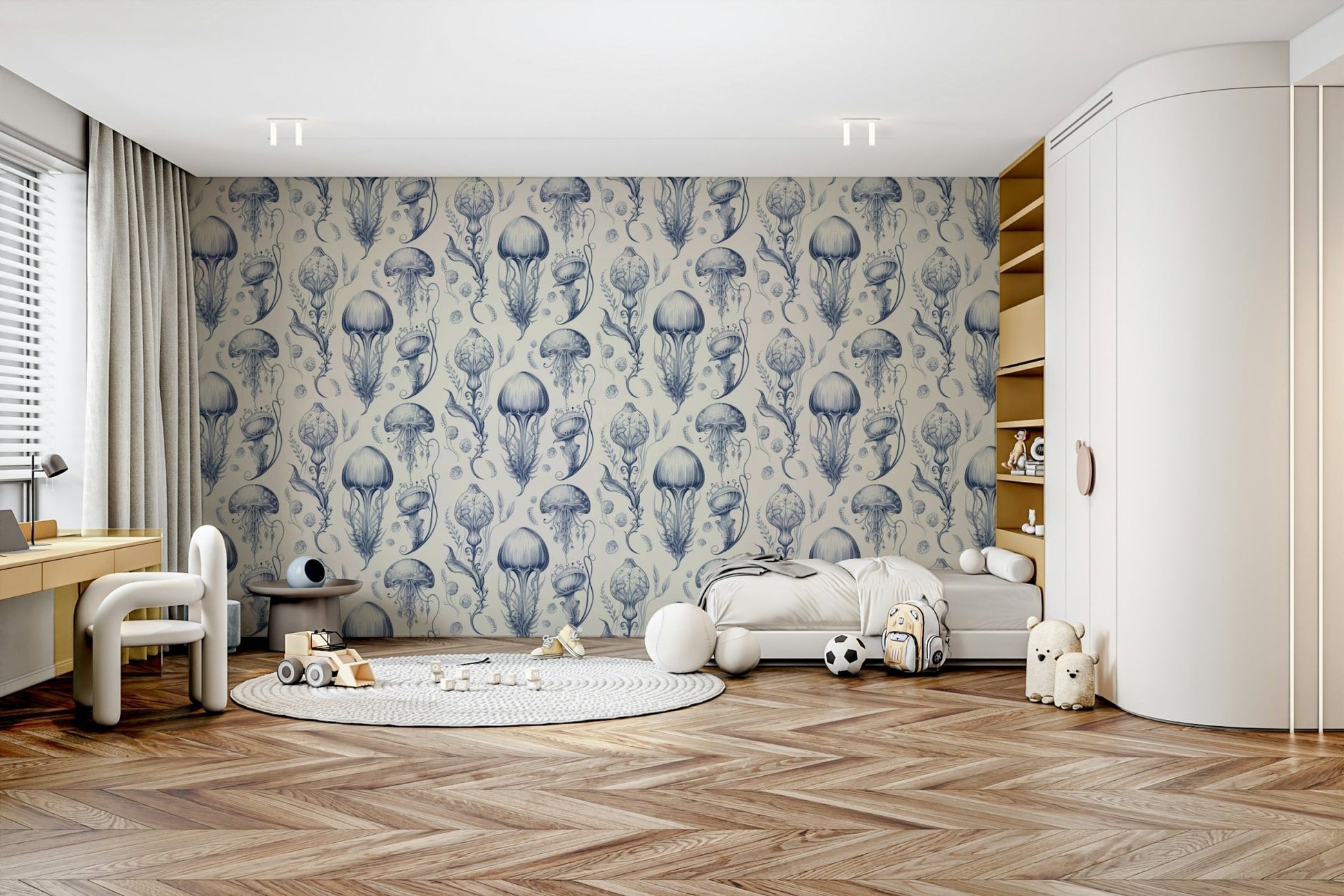 Intricate jellyfish design wallpaper in Delft Blue & Cream, GD2268