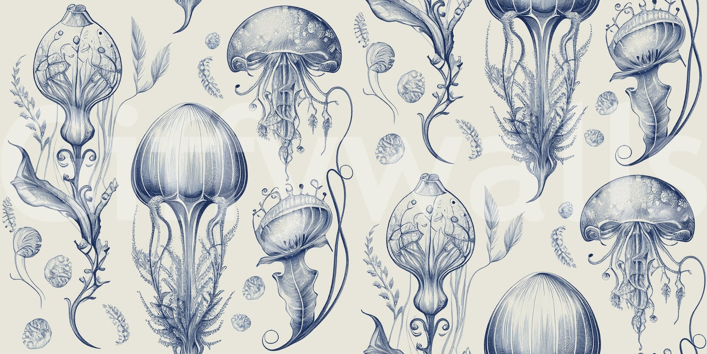 Subtle Delft Blue & Cream jellyfish wallpaper for tranquil rooms, GD2268