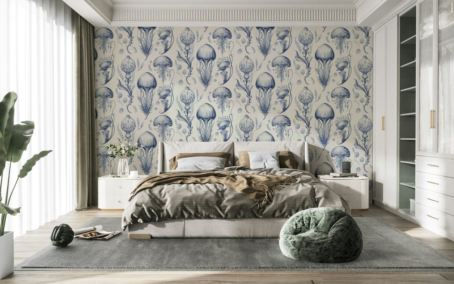 Fantastic Jellyfish - Delft Blue & Cream wallpaper for living rooms, GD2268