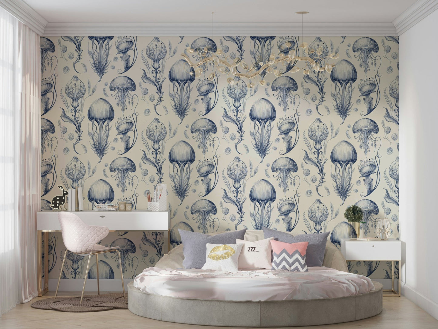 Calming jellyfish wallpaper with Delft Blue & Cream tones, GD2268
