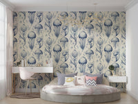 Calming jellyfish wallpaper with Delft Blue & Cream tones, GD2268