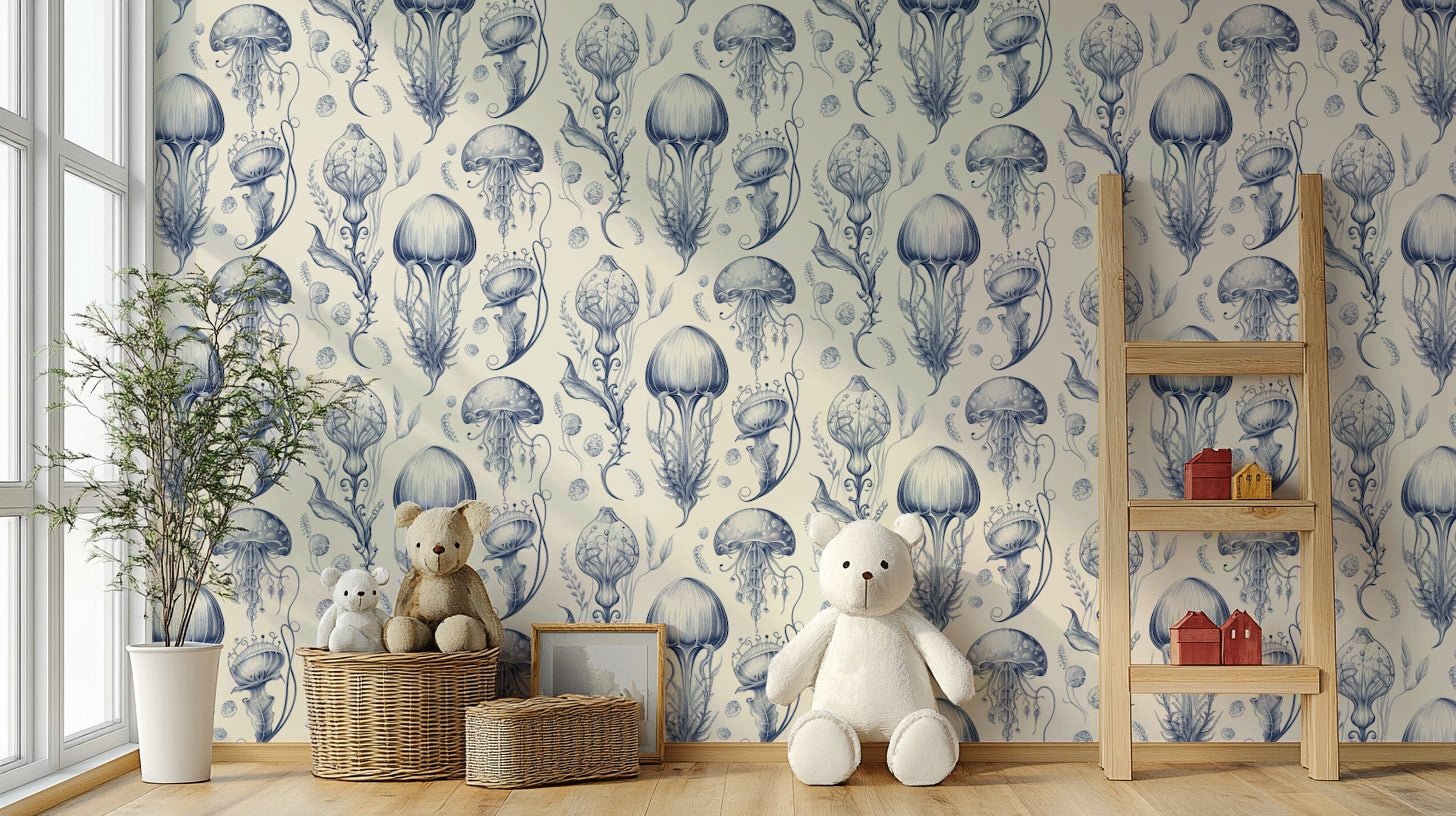 Elegant Delft Blue & Cream jellyfish wallpaper for bedrooms, GD2268